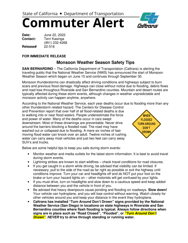 Monsoon season has started! Are you weather ready? Caltrans provides safety tips for monsoon weather conditions #TADD @NWSSanDiego @NWSVegas conta.cc/3n7lKuL