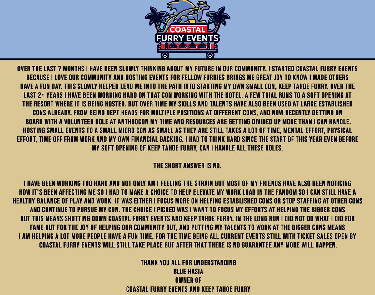 Bluehasia's tweet photo. This is not the end but the beginning for a new path for me

It's more than a fandom to me, the fandom has become my family. I want nothing more than to see our community thrive

Thank you all who helped me get to where i'm today

I look forward to working at cons with more vigor https://t.co/6b70cz7Qk4