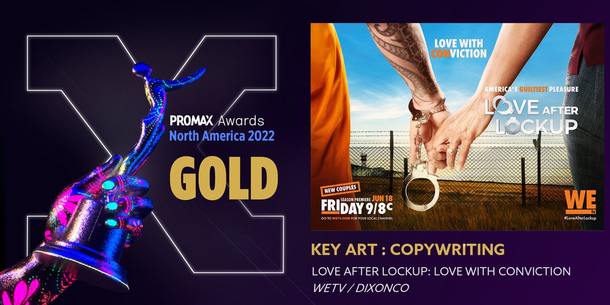 dixonco_'s tweet photo. The DixonCo Team LOVES having LOCKED UP this year’s Gold Promax Award for Key Art Copywriting! Thanks again to our great partners at WEtv for another award winning project!

#dixonco #wetv #promaxawards #loveafterlockup #begood #dogood #creategood https://t.co/z3TRlZNqsk