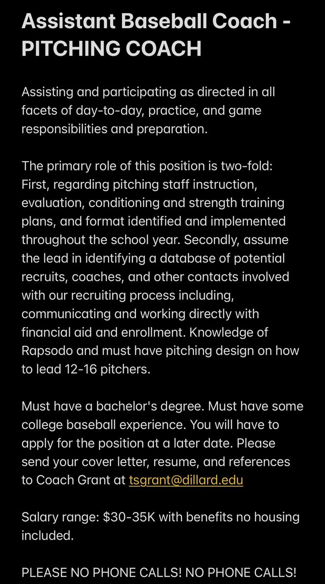 BleuDevilBSB's tweet image. 🚨FULL-TIME PITCHING COACH POSITION🚨

- Dillard University in New Orleans, Louisiana 
- New NAIA Program
- 1st-year competition 2023 fall practice start August 2022

Looking for a passionate individual who knows pitching, and loves recruiting, teaching, and developing young men.
