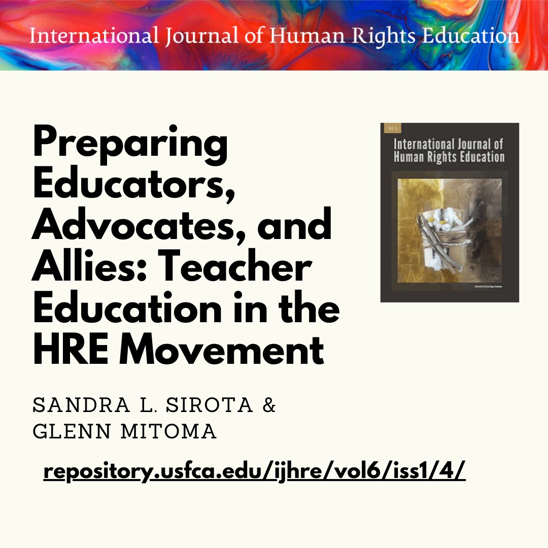 Dr. Sandra Sirota (<a href="/UConn/">UConn</a>) &amp; <a href="/GlennMitoma/">Glenn Mitoma</a> reflect on the past and imagine the future of #HumanRights teacher education. They examine the struggles educators face in not just teaching and learning, but in advocating &amp; promoting HR and social justice.

📓
repository.usfca.edu/ijhre/vol6/iss…
