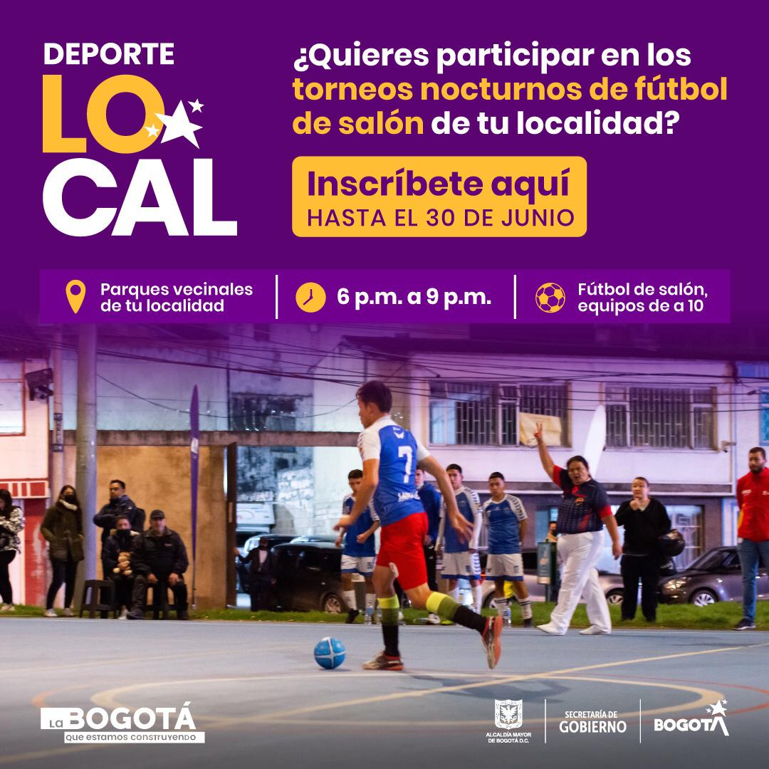 rafaeluribeu's tweet photo. Si eres mayor de 16 años, arma tu equipo y participa en los #TorneosNocturnos de microfútbol ⚽ que realizaremos en Bogotá.
Aprovecharemos nuestros parques para hacer deporte 🏃🏽♀️ y generar espacios de seguridad y convivencia.
Inscríbete: https://t.co/Xn4bVSlQv6
#EsDeporteLocal https://t.co/lIhcaGMPiX