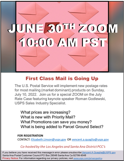 USPOLAnews's tweet photo. #USPS #FirstClassMail New postage rates go into effect on Sunday, July 10, 2022, receive information from industry specialists about what's to come. To register, contact vencent.a.quaglia@usps.gov or elizabeth.linson@usps.gov https://t.co/JhsA8vdr5V