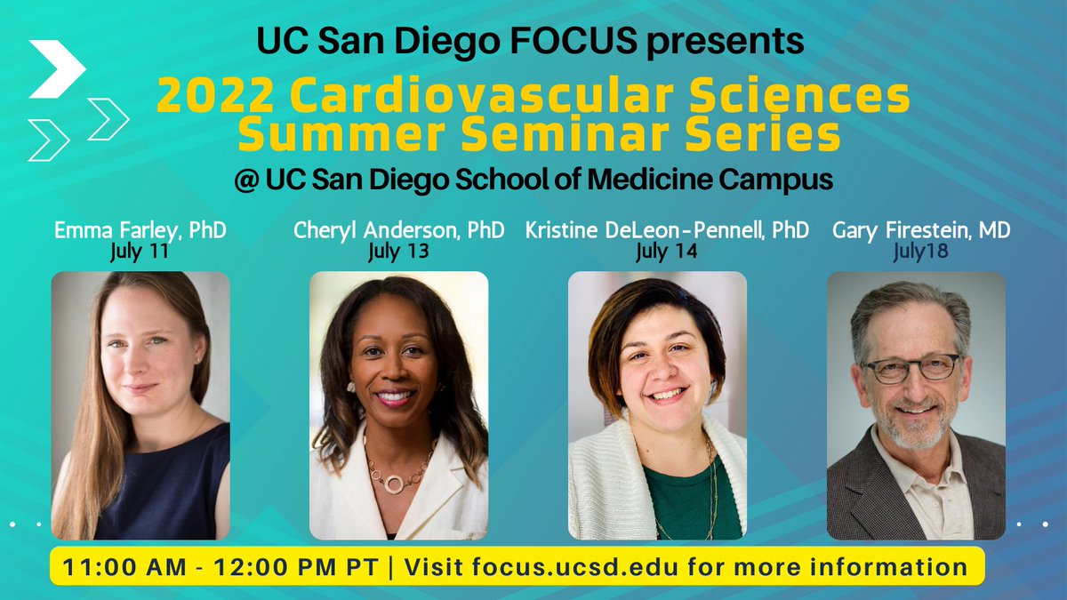 This July, in-person seminars <a href="/UCSanDiego/">UC San Diego</a> on cardiovascular sciences featuring our own <a href="/EKFarley/">Emma Farley 🇪🇺</a>, <a href="/chanders4/">Cheryl Anderson</a>, Dr. Gary Firestein, and @Kdeleonpennell of MUSC! Visit focus.ucsd.edu to learn more. Join us; all are welcome! <a href="/UCSanDiegoSPH/">UC San Diego Herbert Wertheim School Public Health</a> <a href="/ucsdactri/">UCSD Altman Clinical & Translational Research Inst</a> @joann_trejo #UCSD_FOCUS