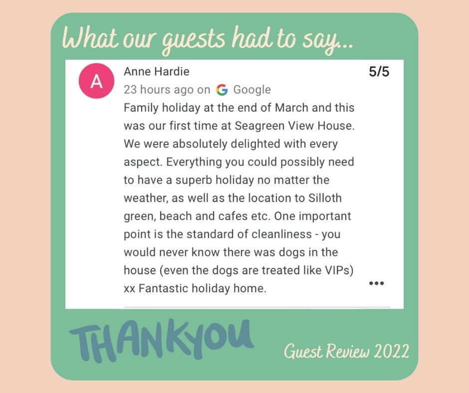 SeagreenView's tweet photo. We love receiving positive reviews from guests. Anne visited earlier this year and had a great holiday. Thank you, Anne for the wonderful review xx https://t.co/YkpeM70jn0