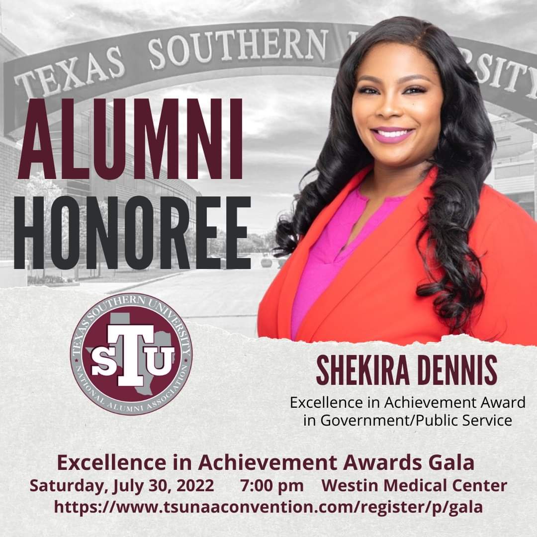 Congratulations to Excellence in Achievement Award Honoree Shekira Dennis @_PoliticalMaven for her excellence in Government/Public Service. Get your ticket today: tsunaaconvention.com/register/p/gala #txsunaa #tsunaa #tsunaaconvention2022 #tsunaaconvention #tsualumni #texassouthernalumni