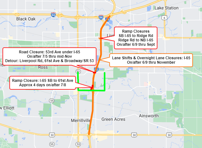 Additional closures to be implemented along the I-65 corridor between I-80/94 &amp; US 30 in Lake County:
  - 53rd Ave under I-65 on/after Tues, July 5 thru Nov. Detour: Liverpool Rd, 61st Ave &amp; SR 53. 
  - Ramp from SB I-65 to 61st Ave on/after Fri, July 8 for approx 4 days.