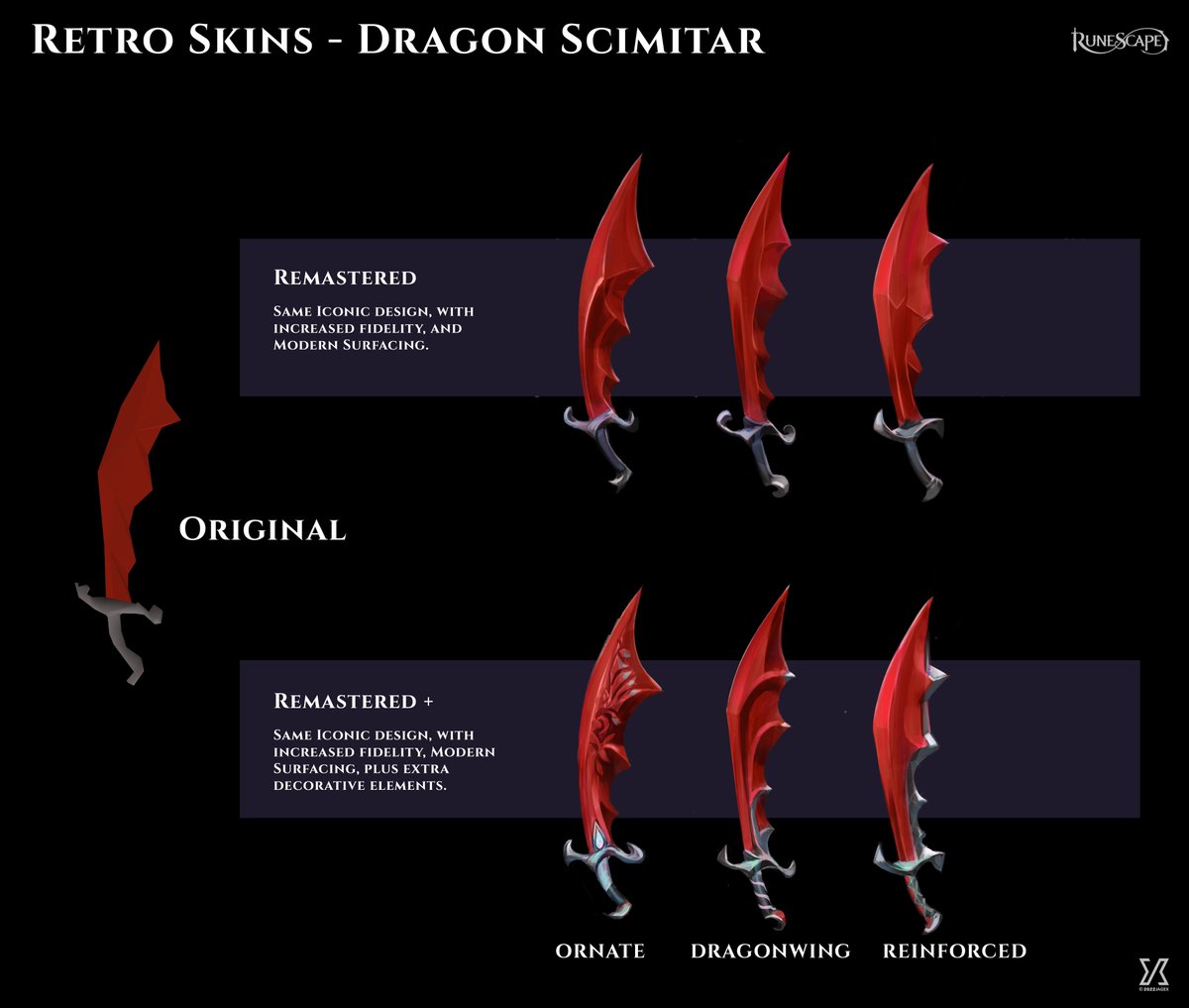 JagexStead's tweet photo. We've started concepting what a remastered version of the Dragon Scimitar could look like, and adding a few extras sketches that remain faithful to the original while giving extra detail and flourish. What do you think? https://t.co/tWYfYzVt3G