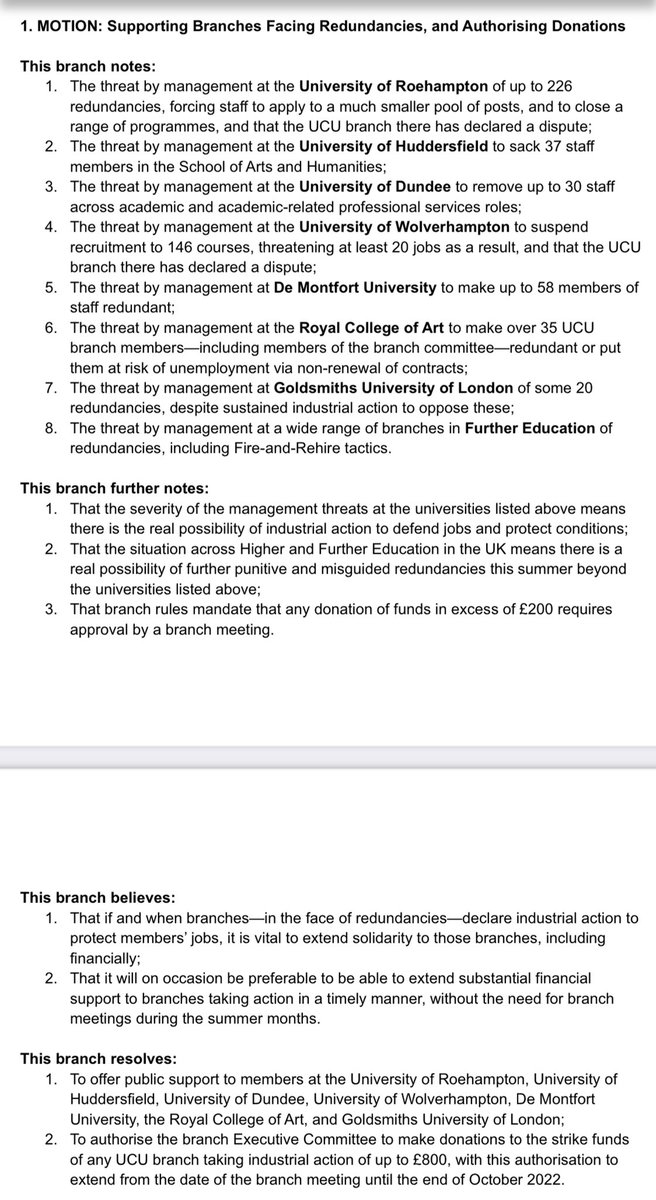 SOAS UCU branch today passed a motion in solidarity with branches facing disgraceful management attacks on members—incl. @RoehamptonUCU, @huducu, @DundeeUCU, @WolvesUCU, @UCU_DMU, @RcaUcu & @GoldsmithsUCU—& (pre-)authorising (further) donations over the summer ✊ #OneOfUsAllOfUs