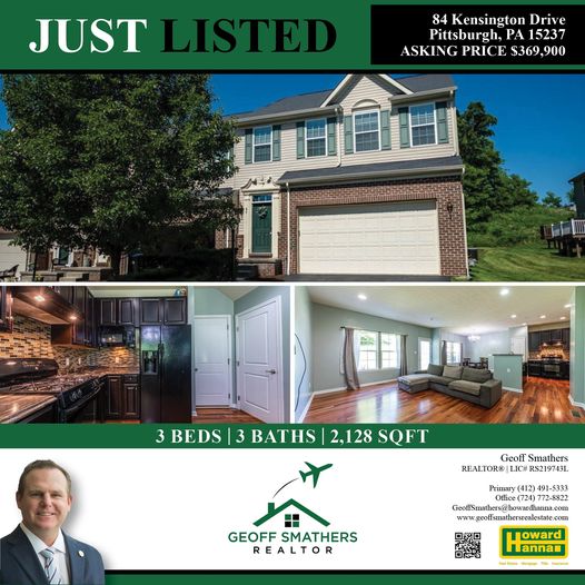 Geoff_Smathers's tweet photo. Just Listed! 84 Kensington Drive, Pittsburgh
3 Bed | 3 Bath | 2,128 Sq Ft End Unit
3-BR'Rosecliff' townhome: Open layout, modern simplicity, upgrades galore, and appliances included. Visit https://t.co/mdQDSitXK7 then call Geoff at (412) 491-5333 for a showing. https://t.co/7rrqyaPzKP