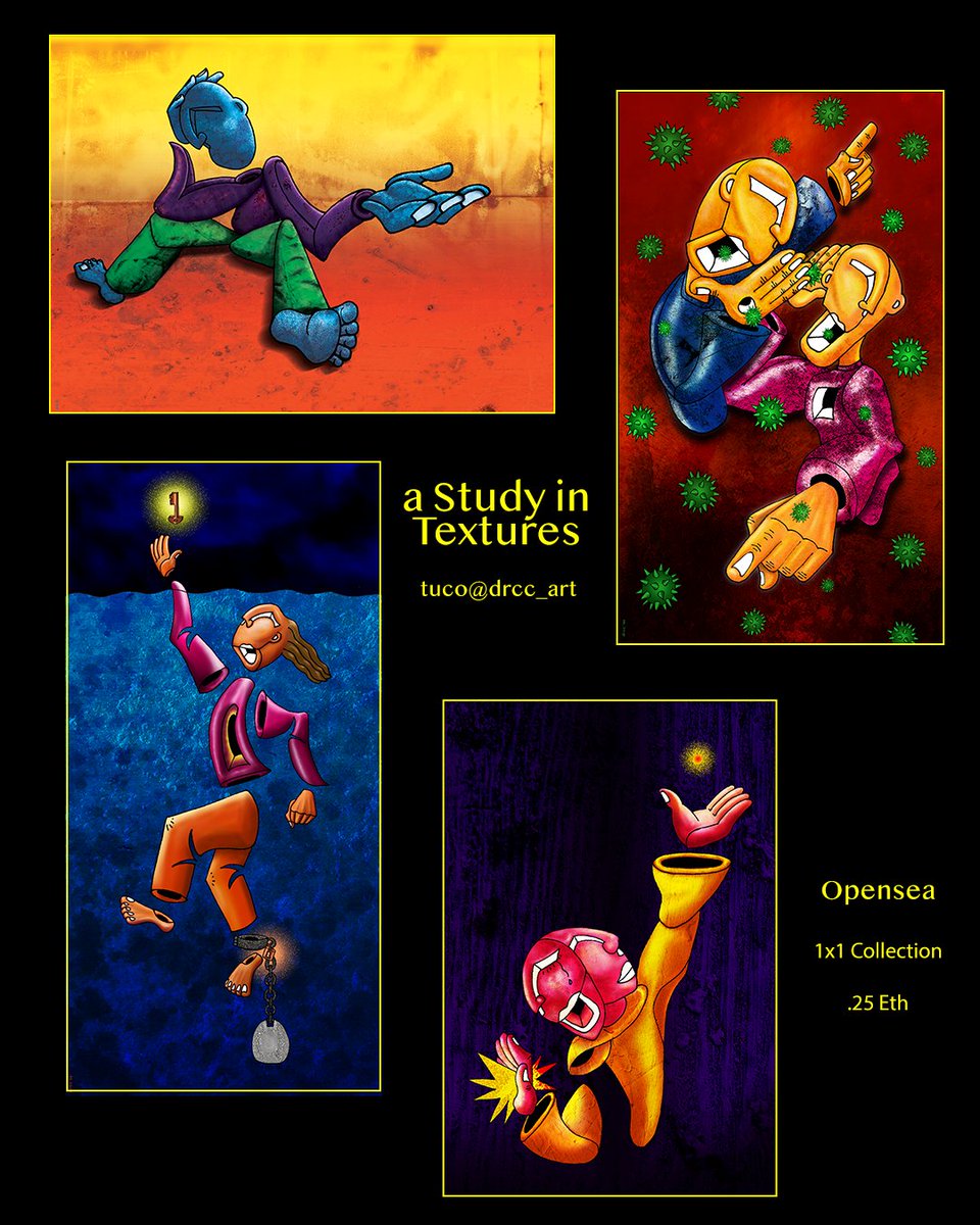 OUT NOW on #opensea 

a Study of Textures Collection: 
I wanted to experiment with how textures can add to my work. Some are subtle, some more pronounced, but all have helped grow what I do. Link &amp; Individual pieces are 👇 #nftart 

Despair / Gossip / Healing / Hope &amp; Doubt