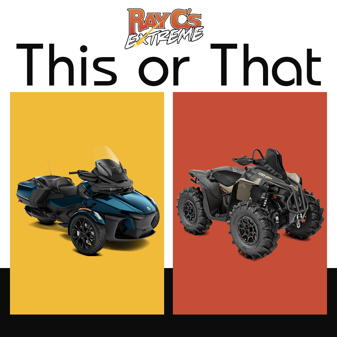 If you were told you could have either one, which would you choose—the Can-Am Spyder RT or the Can-Am Renegade? On-road or off-road?

#CanAmRenegade #CanAmSpyder #OffRoadLiving #PowersportsDealer #ThisOrThat #RecreationalVehicles