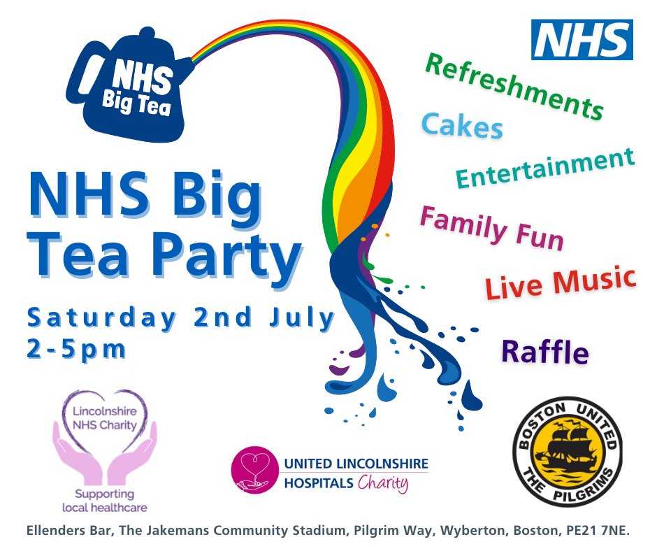 United Lincolnshire Hospitals Charity 💙 (@ulh_charity) on Twitter photo Coming soon ......
NHS Big Tea event <a href="/bostonunited/">Boston United</a> working in partnership with @charitablefunds .
2nd July
2- 5pm
Refreshments/Raffle/Live Music /Family Fun plus much more ,
Come down and support a fantastic event and help raise money for 2 fantastic local charities. Coming soon ......
NHS Big Tea event <a href="/bostonunited/">Boston United</a> working in partnership with @charitablefunds .
2nd July
2- 5pm
Refreshments/Raffle/Live Music /Family Fun plus much more ,
Come down and support a fantastic event and help raise money for 2 fantastic local charities.