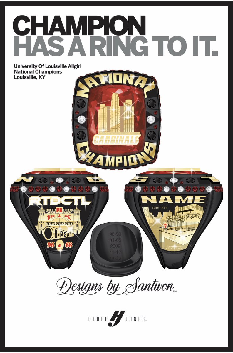 Congratulations to the BADDIES of <a href="/uofl/">University of Louisville</a> <a href="/UofLAllGirl/">Louisville All-Girl</a> 

2022 NCA COLLEGIATE NATIONAL CHAMPIONS 

#DBSchamprings #designsbysantwon #hjchamprings #herffjones #championshiprings #champrings  #nationalchampions #penthousestatus  
#RTDCTL #l1c4 <a href="/GoCards/">Louisville Athletics</a>