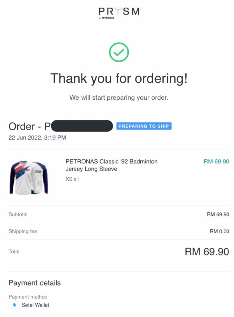 NrAfiqaah_'s tweet photo. I bought a jersey using Setel. It’s super easy &amp; quick. I can track my parcel anytime. Best part is Setel Wallet can be used at more physical stores. Have you tried Setel App? Better late than never 👀 Just one click, I have secured my jersey! Thank you @setel 💙 #SetelBadminton https://t.co/ZtmPX9C3fh