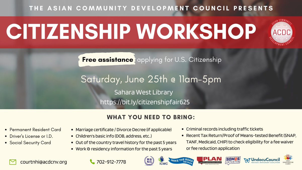 Upcoming free citizenship workshop this Saturday, June 25th at Sahara West Library! RSVP at bit.ly/citizenshipfai… and be sure to bring all of the documents listed. #citizenshipfair #uscitizen #lasvegas