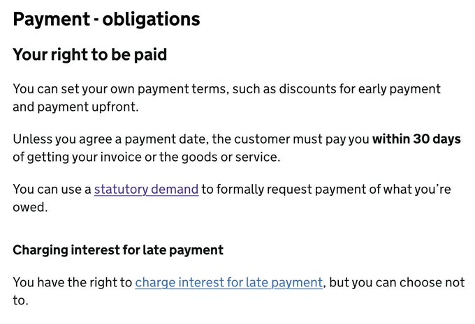 mandyceline's tweet photo. hey freelancers/small business in UK (July 2021) &amp; some EU countries (from 1st July 2022) 🧵

The ✨DEFAULT LEGAL✨payment terms is 30 days, not 60/90

This can be superseded by a nasty contract where you waive these terms

Otherwise THE DEFAULT IS 30 DAYS
https://t.co/017gUeC1H4 https://t.co/8N72oy6VbL