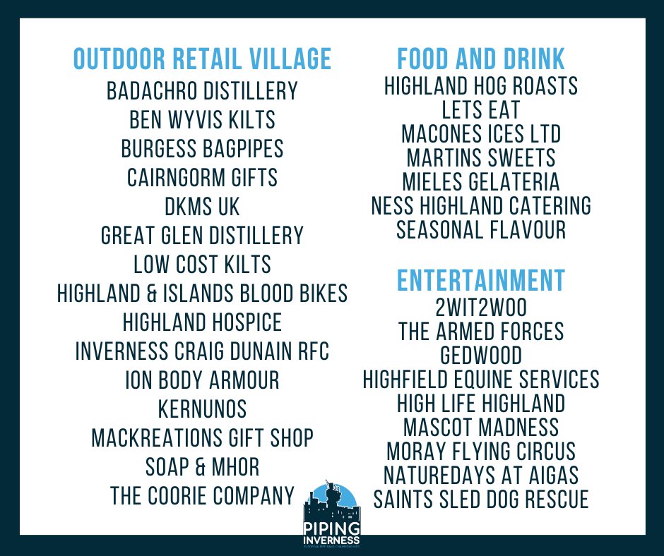 We have an abundance of lovely crafters, retailers and entertainment providers joining us at Piping Inverness this year! 

There’s plenty to explore and don’t forget to bring along your shopping bags too 🛍

Get your tickets for Piping Inverness at pipinginverness.com