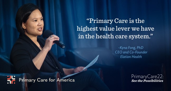 PC4America's tweet photo. Amid a public health emergency, primary care has innovated, evolved, & built tools for the future. But we’ll need even more. Check out our discussion with @Kynafong Co-founder/CEO @ElationHealth, on the importance of the future of primary care. #PC22Event https://t.co/pYkkUhknw1