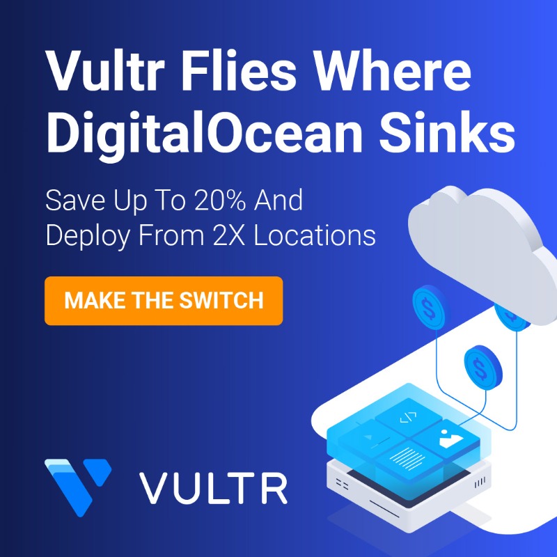 Vultr's tweet photo. DigitalOcean is hiking rates by 20% for most customers. If you're one of them, try Vultr instead and start saving immediately!