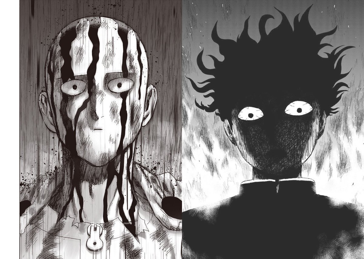 AllThingsOPM's tweet photo. Genos being “killed” by Garou kinda reminds me of when Mob’s family was “killed” by Sho in Mob Psycho 100. Mob and Saitama’s reactions look very similar. https://t.co/sCHQWUhEA2