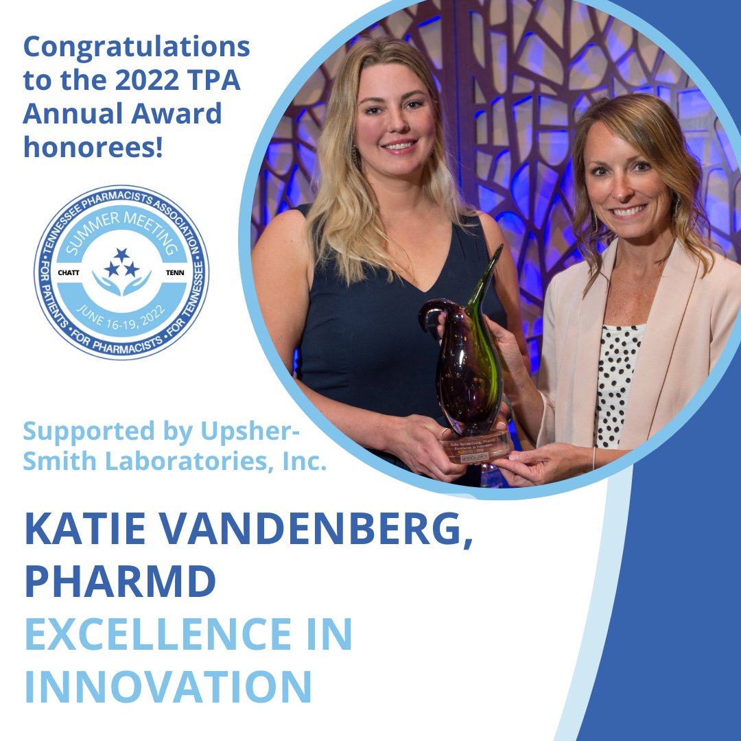 TNPharmacists's tweet photo. Congratulations to Katie Vandenberg, PharmD for being named the 2022 Excellence in Innovation honoree! Dr. Vandenberg was recognized at TPA Annual Awards Banquet during #TPASummer2022 in Chattanooga! #WeAreTNPharmacy https://t.co/DjE1o4qmWo