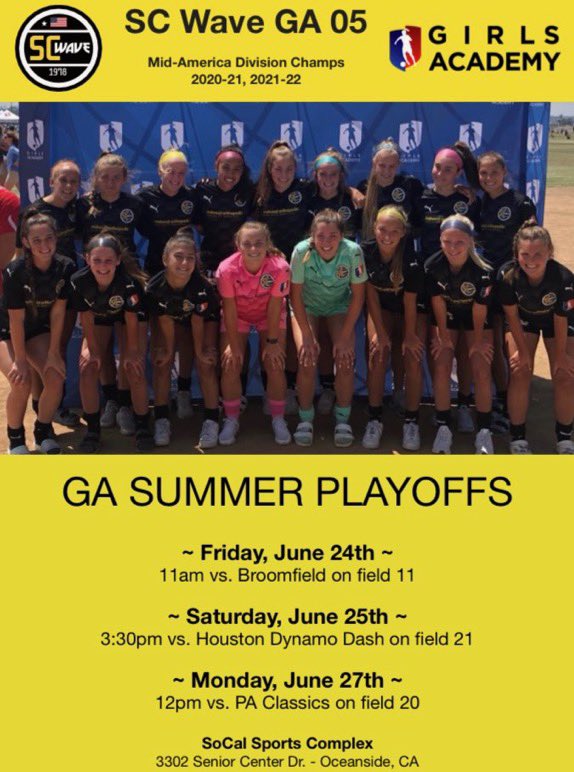 So bummed, I broke a bone in my foot and won’t be playing with my awesome team.However, tons of talent on this team that is still uncommitted. Be sure to take some time and check them out at Oceanside Ca!! ⚽️ <a href="/GAcademyLeague/">Girls Academy</a> <a href="/ScWave05/">SC Wave 04/05 GA</a> <a href="/Oliviero21/">Giuliano Oliviero</a> <a href="/CoachGallimore/">Lesle Gallimore (she/her)</a>  <a href="/TopDrawerSoccer/">TopDrawerSoccer</a>