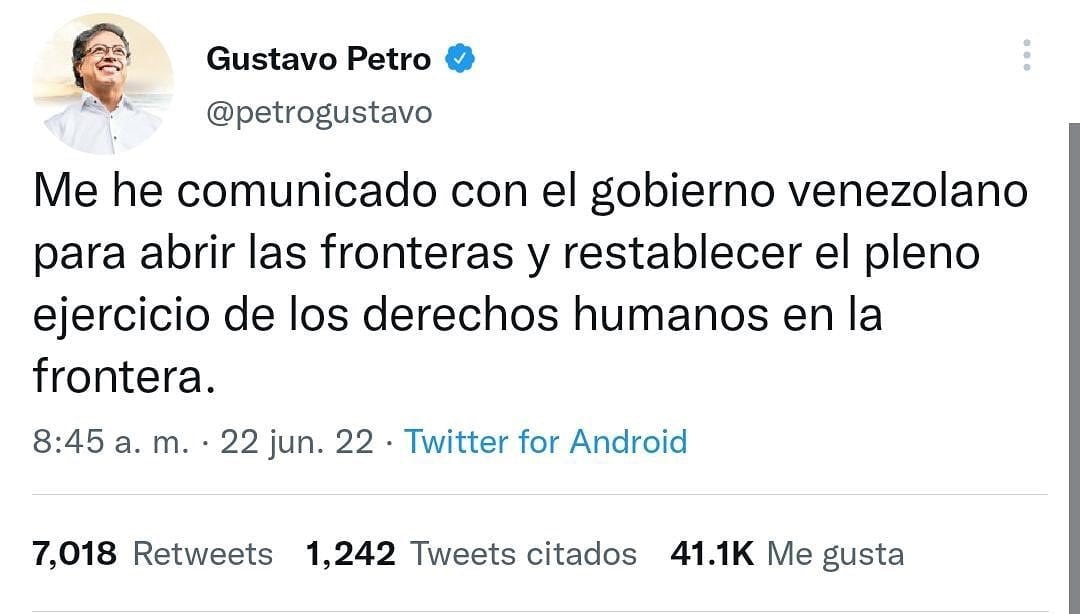 GabineteMPT's tweet photo. El Gobernador de nuestro edo. #Táchira @FreddyBernal informo que el Pdte. electo de #Colombia, @petrogustavo, se comunicó con nuestro gobierno para abrir nuevamente la frontera Colombo-venezolana.¡Vamos rumbo a la prosperidad económica!¡Somos hombres de palabra!Dijo nuestro Gdor. https://t.co/lpd8NN83gk