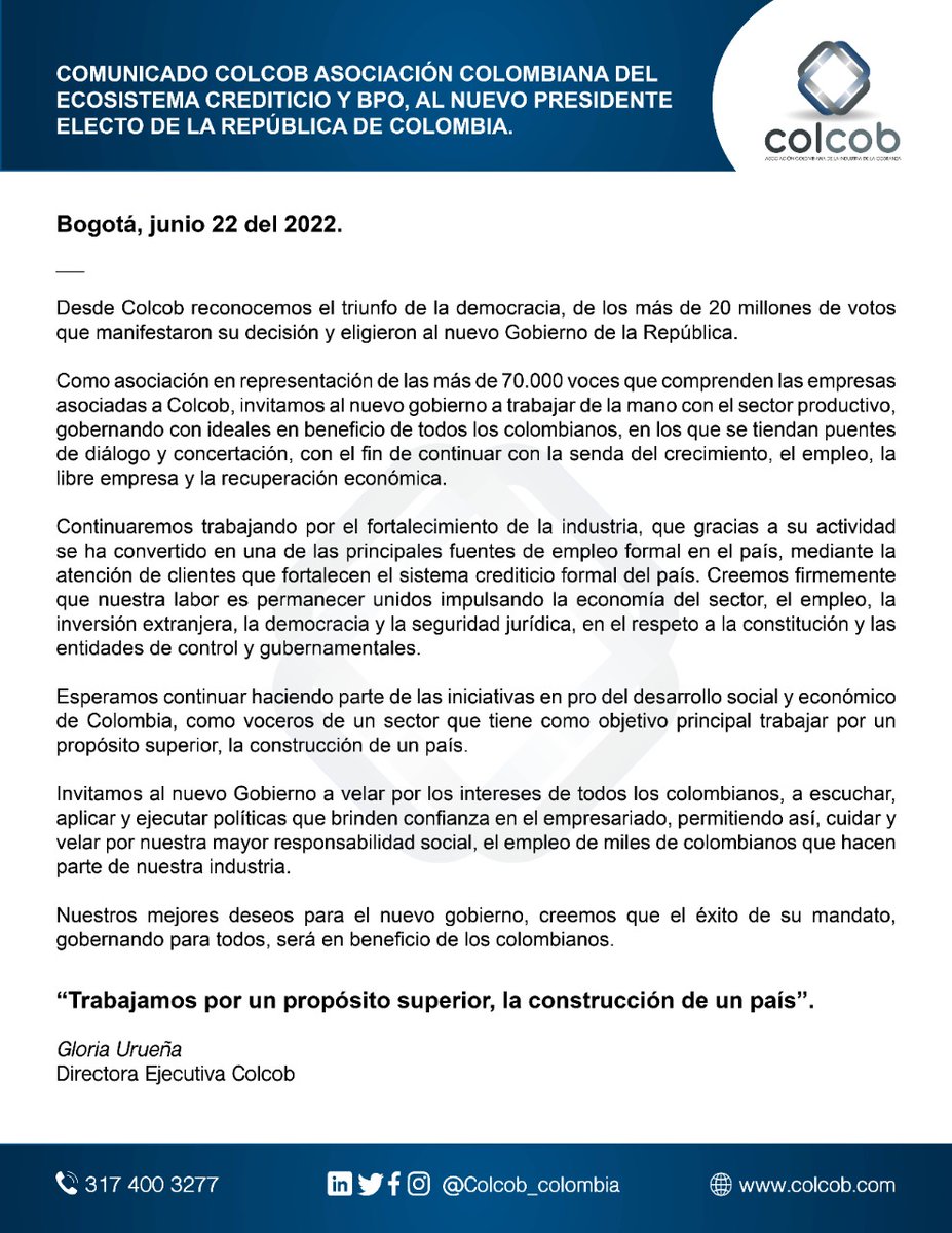Colcob_Colombia's tweet photo. #COLCOB invita al nuevo Gobierno electo de @petrogustavo a trabajar de la mano con el sector productivo, continuando con la senda del crecimiento, el empleo, la libre empresa; gobernando con ideales en beneficio de todos los colombianos 🇨🇴a través del diálogo y la concertación. https://t.co/uqUOWHPGpM
