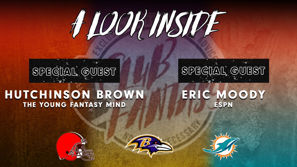 ClubFantasyFFL's tweet photo. Tonight marks the 250th episode of No Punt Intended!
To help us breakdown the Browns, Ravens, & Dolphins as we continue our #ALookInside series -- ESPN's @EricNMoody & The Young Fantasy Mind, @tyfmnfl! #FantasyFootball
See you at 7p EST tonight! 🔽
📺: https://t.co/UWCZXfdtWY https://t.co/ENQTypR0y7