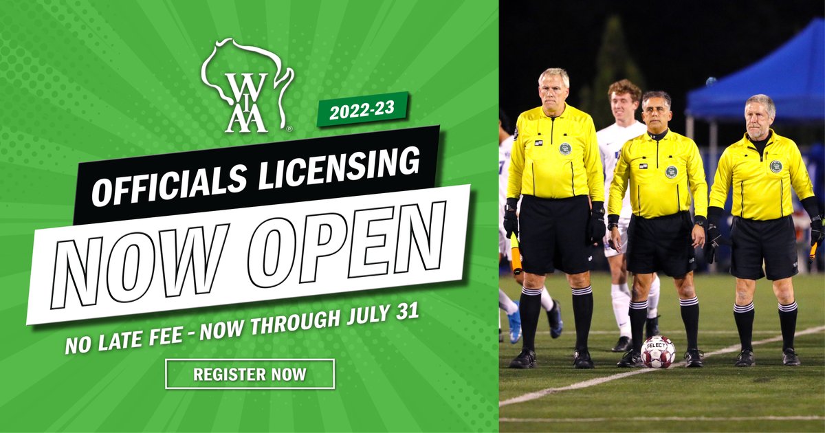 WIAA (@wiaawi) on Twitter photo The 2022-23 officials' licensing application is now available on the WIAA website at officials.wiaawi.org/Registration. Stay in the game, #BecomeAnOfficial!
A WIAA official’s license is good from August 1 to July 31 & must be renewed annually.
MORE INFORMATION ➡️ wiaawi.org/Officials/Beco… The 2022-23 officials' licensing application is now available on the WIAA website at officials.wiaawi.org/Registration. Stay in the game, #BecomeAnOfficial!
A WIAA official’s license is good from August 1 to July 31 & must be renewed annually.
MORE INFORMATION ➡️ wiaawi.org/Officials/Beco…
