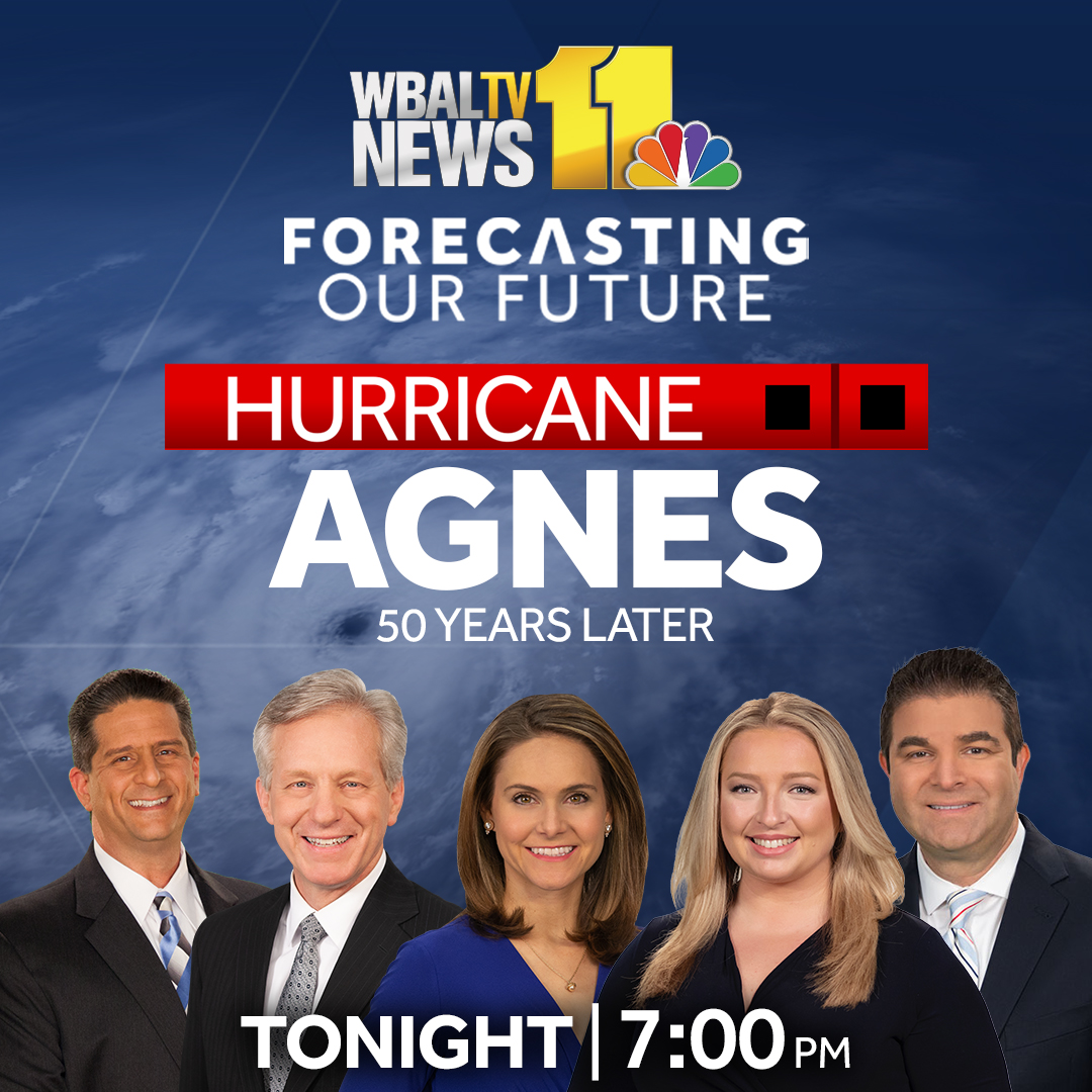 wbaltv11's tweet photo. 11 News looks back at the devastating damage and the progress made since Hurricane Agnes -- from weather forecasting technology to flood mitigation steps. This special presentation airs at 7 p.m. TONIGHT (Wednesday) on WBAL-TV 11. #ForecastingOurFuture https://t.co/hmiijozewd