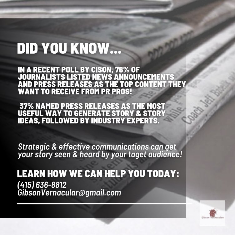 GVernacular's tweet photo. In a recent poll by Cison, 76% of journalists listed news announcements and press releases as the top content they want to receive from PR pros! 

 37% named press releases as the most useful way to generate story &amp; story ideas, followed by industry experts.

#GibsonVernacular https://t.co/hOIPexNZfy