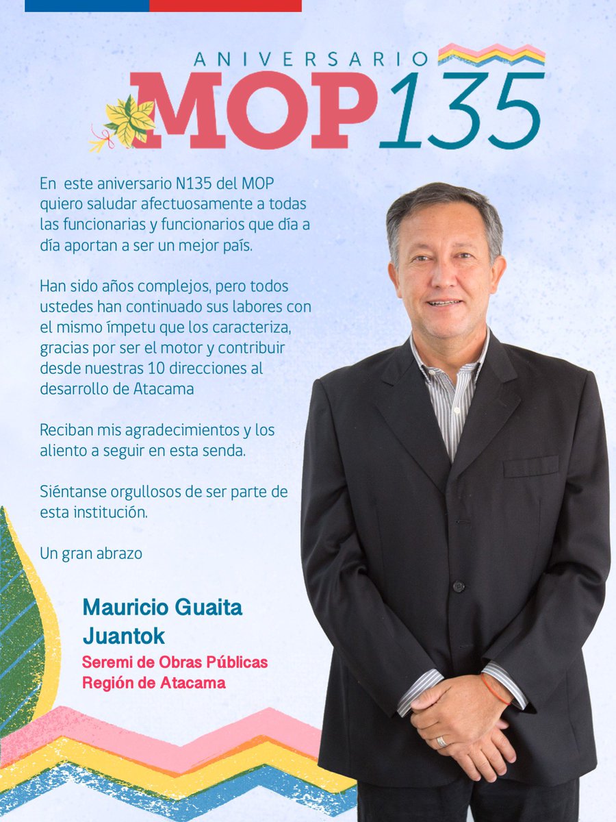 👷‍♀️🎉 Hoy estamos de fiesta, cumplimos 135 años trabajando por #Chile y la #RegiónDeAtacama! 
 ☝🏻Enviamos un afectuoso saludo a todos los funcionarios y funcionarias del <a href="/MOP_Atacama/">MOP ATACAMA</a> y <a href="/mop_chile/">Ministerio de Obras Públicas🇨🇱</a> quienes conforman el motor esencial de este gran ministerio👏🏻💪🏻
#FelizAniversario135!