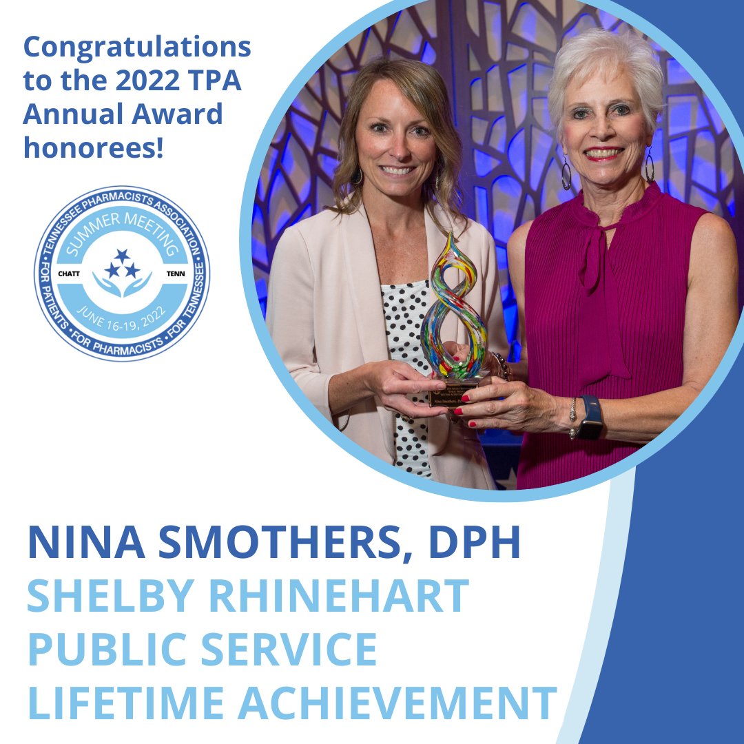TNPharmacists's tweet photo. Congratulations to Nina Smothers, DPh, MBA with the 2022 Shelby Rhinehart Public Service Lifetime Achievement Award! Dr. Smothers was recognized at TPA Annual Awards Banquet during #TPASummer2022 in Chattanooga! #WeAreTNPharmacy https://t.co/xA2aqwDedg