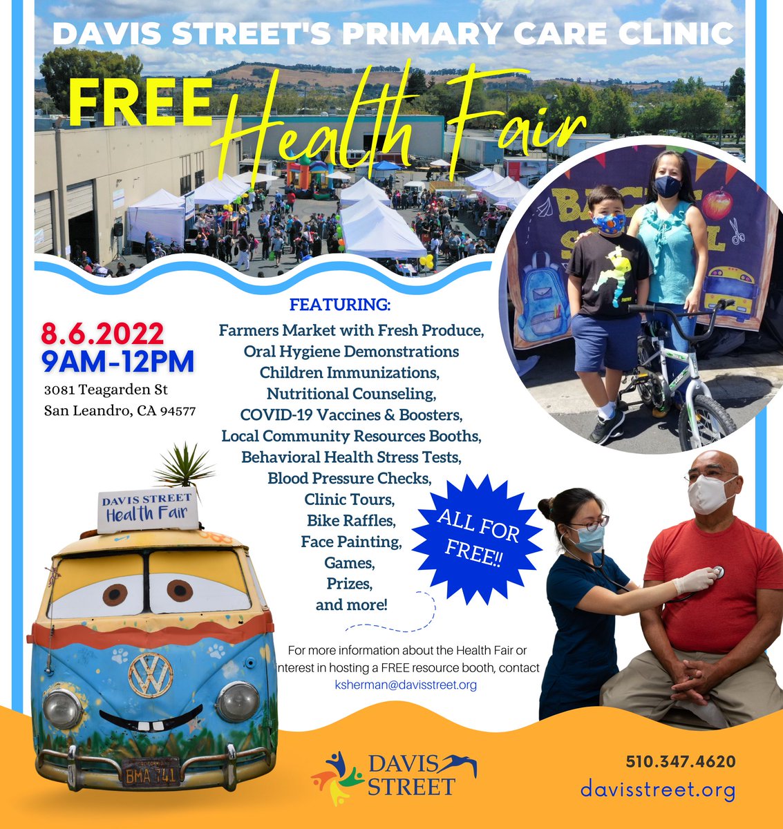 DavisStreetComm's tweet photo. Davis Street's Primary Care Clinic presents our FREE Annual Health Fair! Join us Saturday, August 6, 2022, from 9AM -12PM. Don't miss out on fun for the whole family!
#SanLeandro #CommunityHealthFair #FreeHealthFair #HealthFair #ResourceBooth #Nonprofit https://t.co/CQYljOywC6