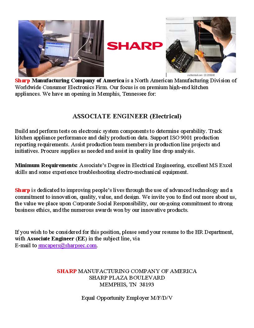 Attention Electrical Engineering Technology graduates! SHARP Manufacturing is looking for you! Don't miss this Associate Engineer (Electrical) position. #Jobs