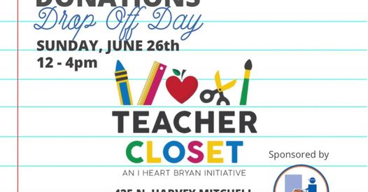 KevinScottTX's tweet image. We all know teachers spend a lot of their own money on building up the next generation. Here is a chance to support them and our children. 
On Sunday, June 26th, I Heart Bryan is collecting donations for a Teacher Closet. Drop off is 12-4PM @ 425 N. Harvey Mitchell Pkwy, Bryan TX