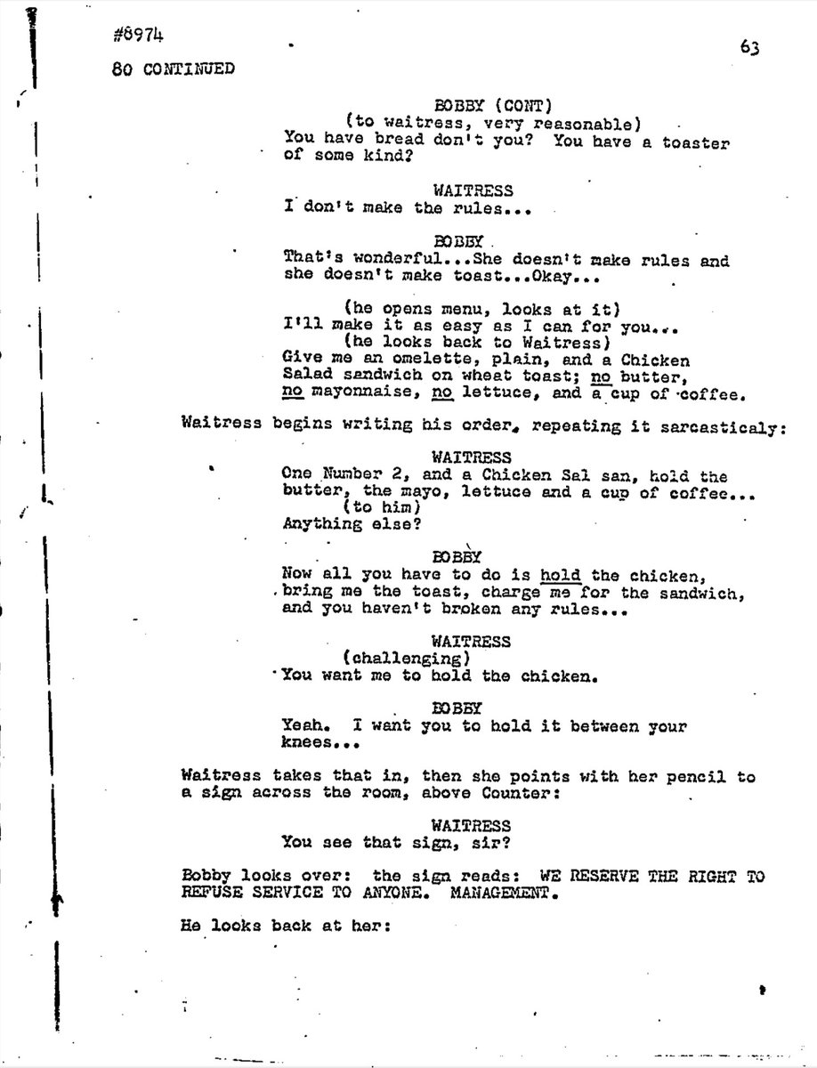 One_PerfectPage's tweet image. Five Easy Pieces (1970) Written by Carole Eastman

Final Draft dated 10/20/1969, Page 63
