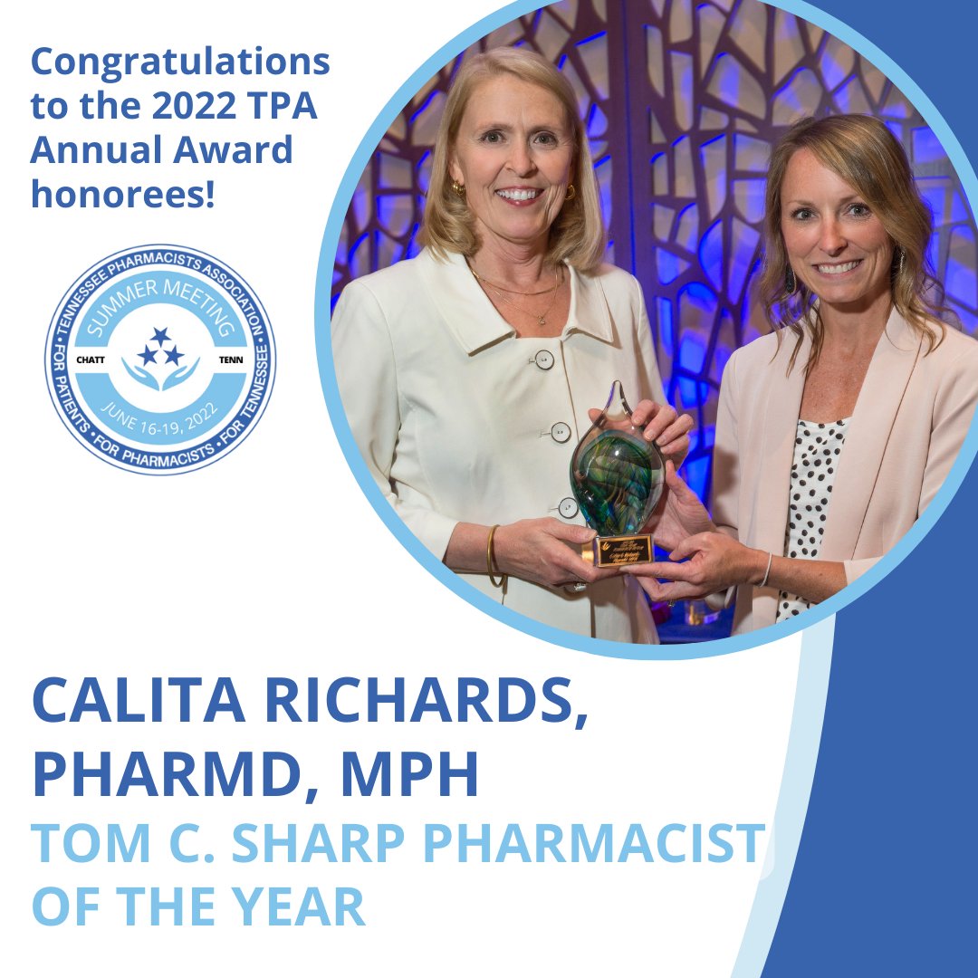 TNPharmacists's tweet photo. Congratulations to Calita S. Richards, PharmD, MPH of the Tennessee Department of Health with the 2022 Tom C. Sharp Pharmacist of the Year Award! Dr. Richards was recognized at TPA Annual Awards Banquet during #TPASummer2022 in Chattanooga! #WeAreTNPharmacy https://t.co/QVR4egqMuI