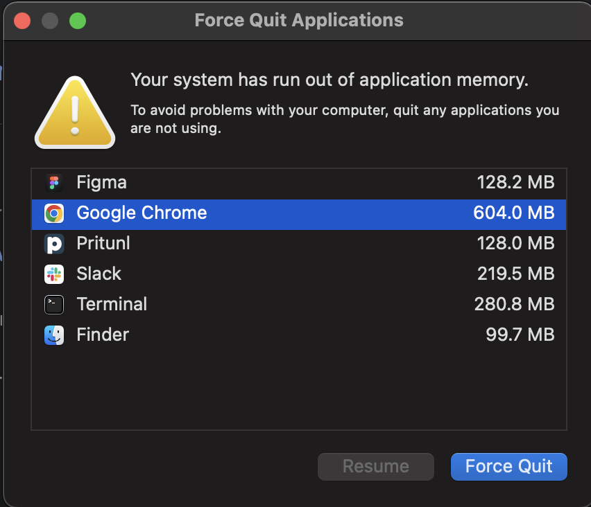 alexanderklen's tweet photo. How is it a good idea to pop this up every 1.5 seconds? I can't comply because I'm using each of these applications, and it's already silently killed several. Perhaps #MacOS should, you know, do its job as an operating system reclaim ram and swap something to disk. https://t.co/1mRaHuO93V