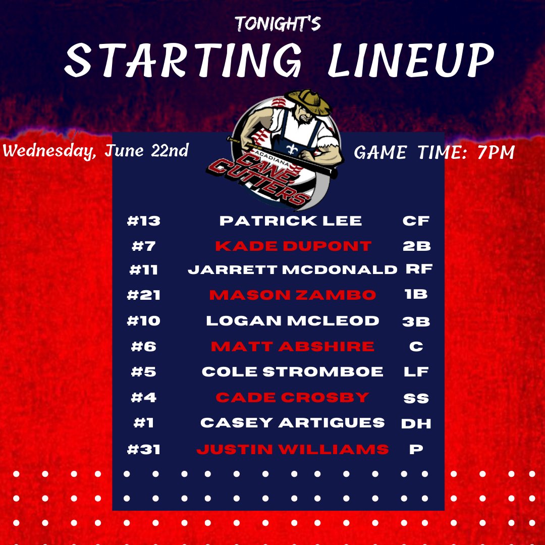 Cane Cutter lineup for tonight's game against the River Monsters!