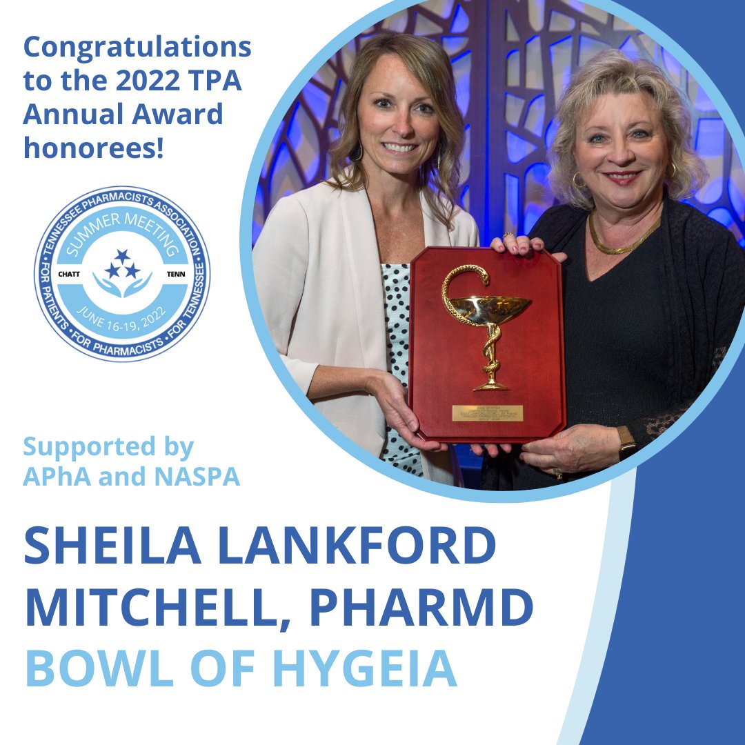 TNPharmacists's tweet photo. Congratulations to Sheila Lankford Mitchell, PharmD of @uupharmacy with the 2022 Bowl of Hygeia Award! Dr. Mitchell was recognized at TPA Annual Awards Banquet during #TPASummer2022 in Chattanooga! #WeAreTNPharmacy https://t.co/0j4dnjD1Lp