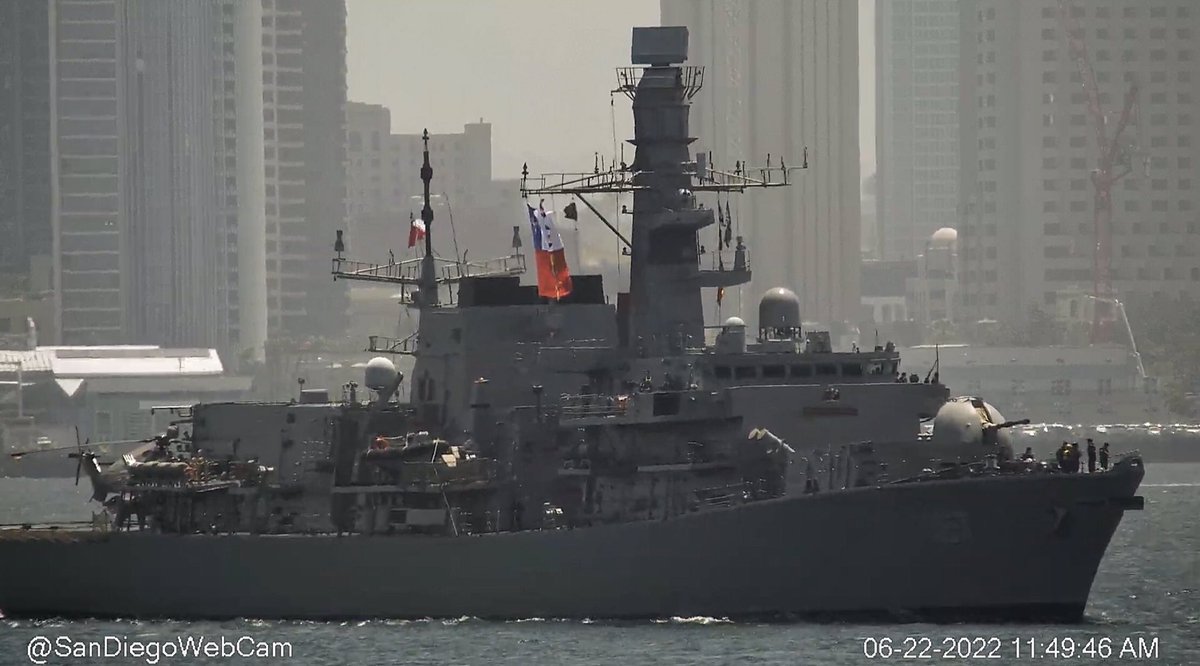 WarshipCam's tweet photo. Chilean Navy Type 23 Duke-class frigate Almirante Lynch (FF-07) (EX-HMS Grafton F80) leaving San Diego - June 22, 2022 #almirantelynch #ff07 @Armada_Chile https://t.co/D7G8ei5TCe