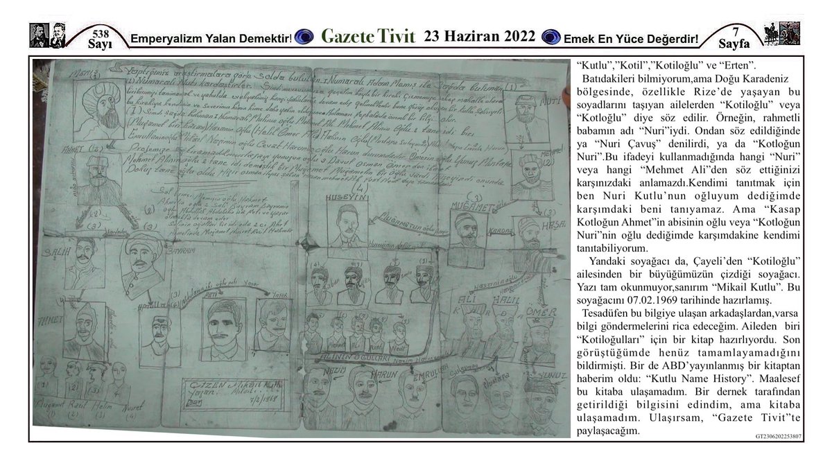 Organel_BMI_Ltd's tweet photo. Gazete Tivit
GT2306202253807
"Kutlu" soyadı nereden geliyor?ABD'de yazılmış "Kutlu Name History" adında bir kitap var. Ama bu kitabı temin edemedim."Kotiloğlu" ailesi ile ilgili bilgi.#Kutlu #Kut #Kotil #Kotiloğlu #Erten #Rize #Güneysu #Çayeli #Büyükköy #Samsun #Köseliköy #Godil https://t.co/Z1fANFtMP3
