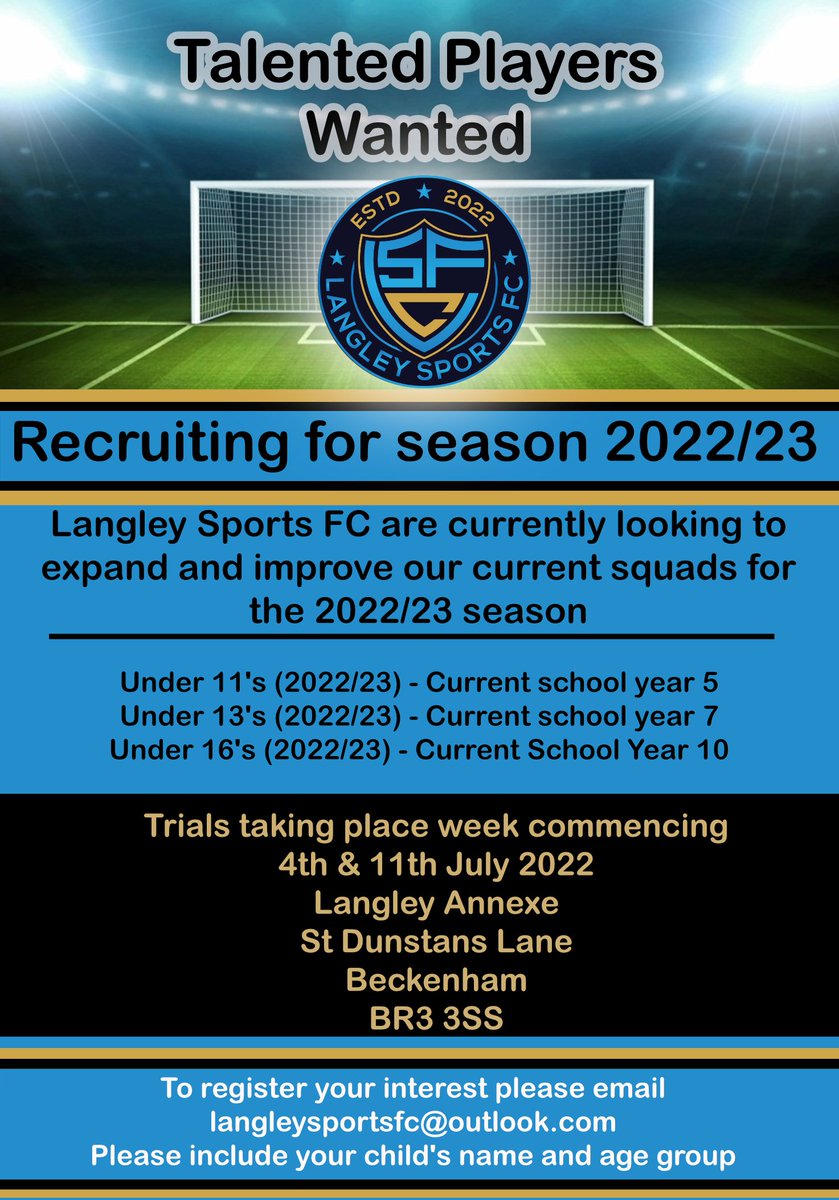 Langley_Sports's tweet photo. A fantastic opportunity to join some long established youth teams as they transition to Langley Sports FC...
Details on the media...
Feel free to contact via the email for more information! ⚽️🏆 @TandridgeYFL @ClubLangley_FC https://t.co/17GxdU4okW