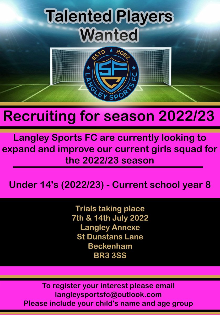 Langley_Sports's tweet photo. A fantastic opportunity to join some long established youth teams as they transition to Langley Sports FC...
Details on the media...
Feel free to contact via the email for more information! ⚽️🏆 @TandridgeYFL @ClubLangley_FC https://t.co/17GxdU4okW