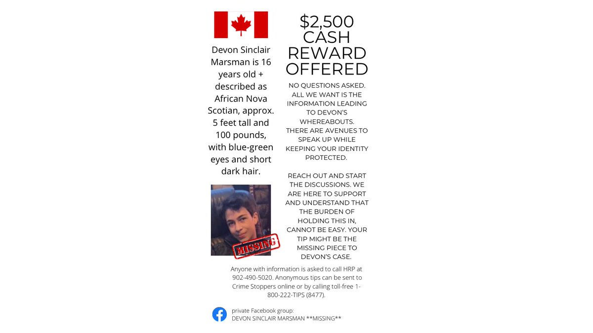 missingdevonm's tweet photo. Reward Increased to $2,500+
Thank you to everyone who has shared and donated to our gofundme. Because of your support, we have been able to make this increase. #devonsinclairmarsman #missing #Halifax #halifaxns #thankyou #gofundme #weneedtips #weneedhelp #weneedawareness https://t.co/6gMfdEwd4Z