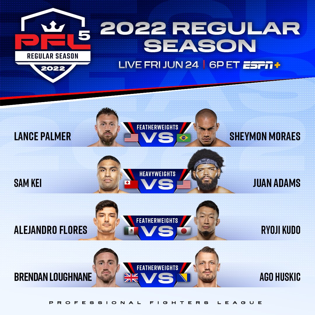PFLMMA's tweet photo. OFFICIAL: Updated bout order for #2022PFL5! Plus, new start times for the Main Card and Opening Card!

8pm ET on ESPN &amp; ESPN+
6pm ET on ESPN+ https://t.co/BO0Hi0UWIN