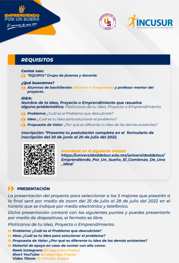 Lee las bases y si reúnes los requisitos, inscríbete en este enlace:
universidaddelsur.edu.mx/universidaddel…
📅Tienes hasta el 20 de julio
🔻Participan:
▫️ Chiapas
▫️ Yucatán
▫️ Quintana Roo
📩Si tienes dudas, escríbenos 
Emprendiendo por un Sueño... El comienzo de una idea✨
❗️PARTICIPA ❗️
